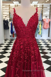A Line V Neck Burgundy Lace Semi Formal Prom Dresses, Wine Burgundy Lace Formal Evening Dresses